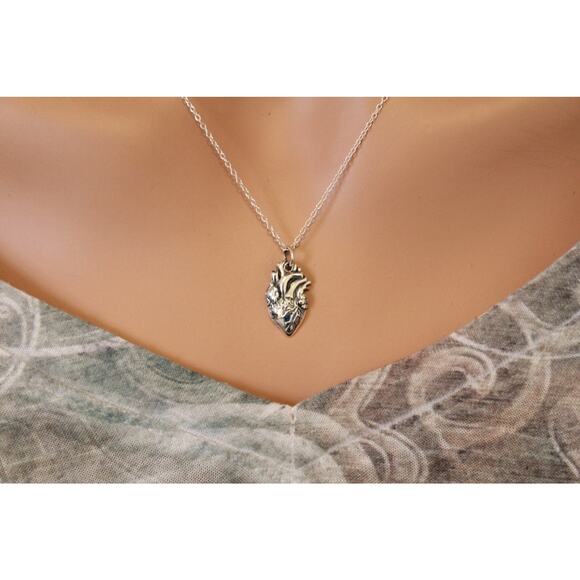 Sterling Silver Anatomical Heart Charm Necklace, Realistic Heart Charm Necklace - Picture 2 of 3